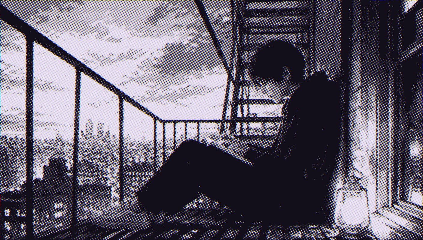 A teenager sitting alone on a fire escape at dusk, writing in a notebook above city lights